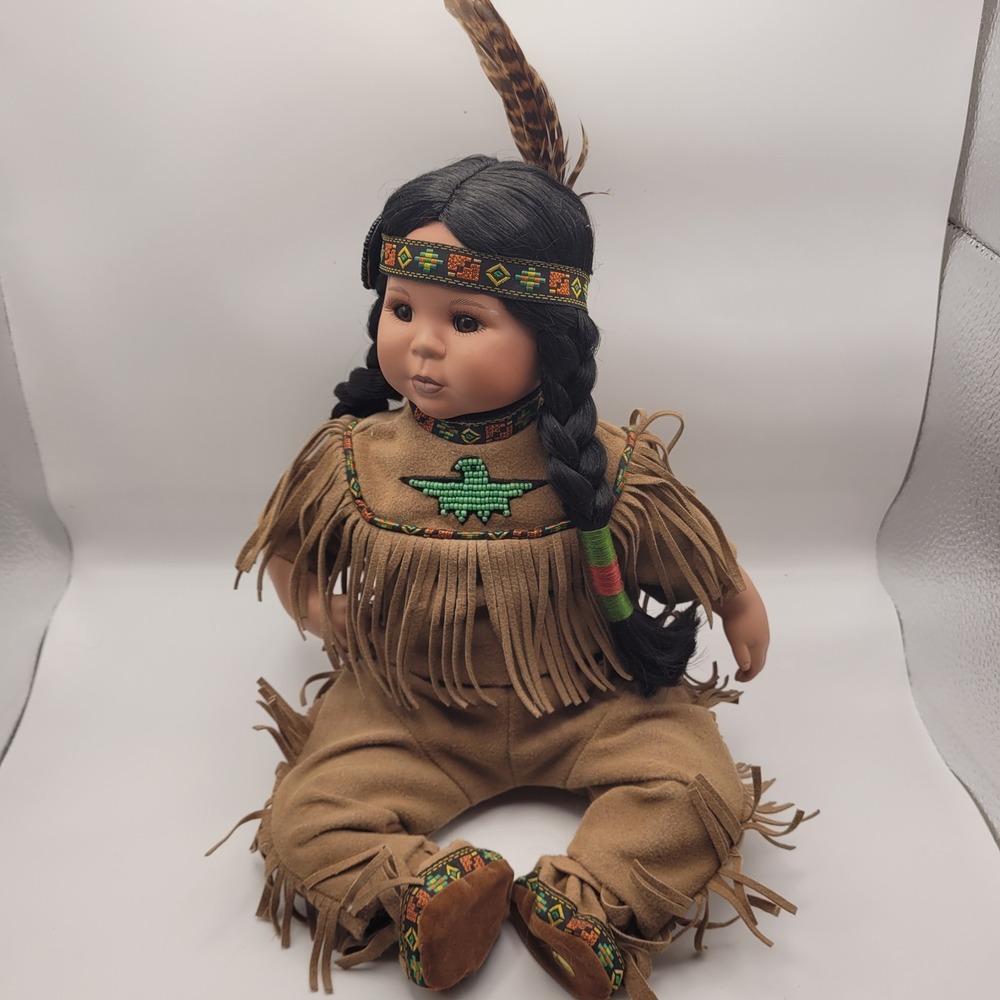 Native American Style Porcelain Doll Faux Suede Fringe Outfit Beaded Bird Detail